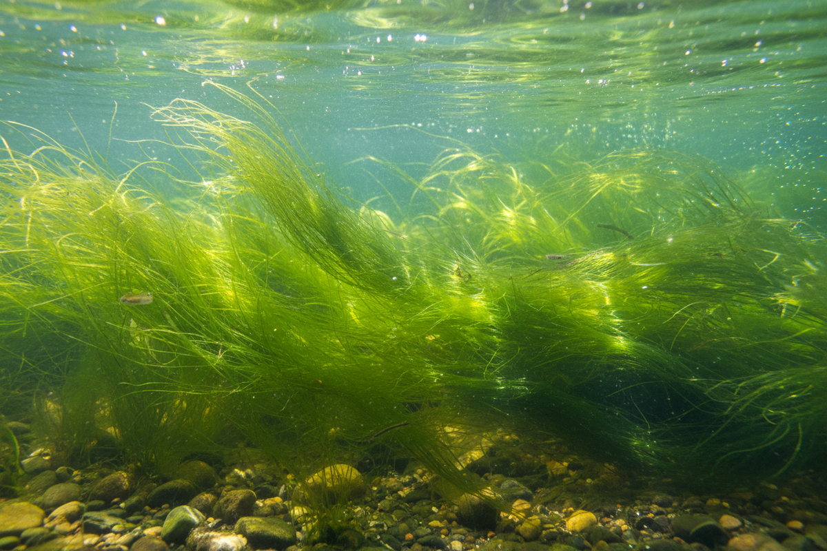 algen die im sauberen klaren wasser schwimen