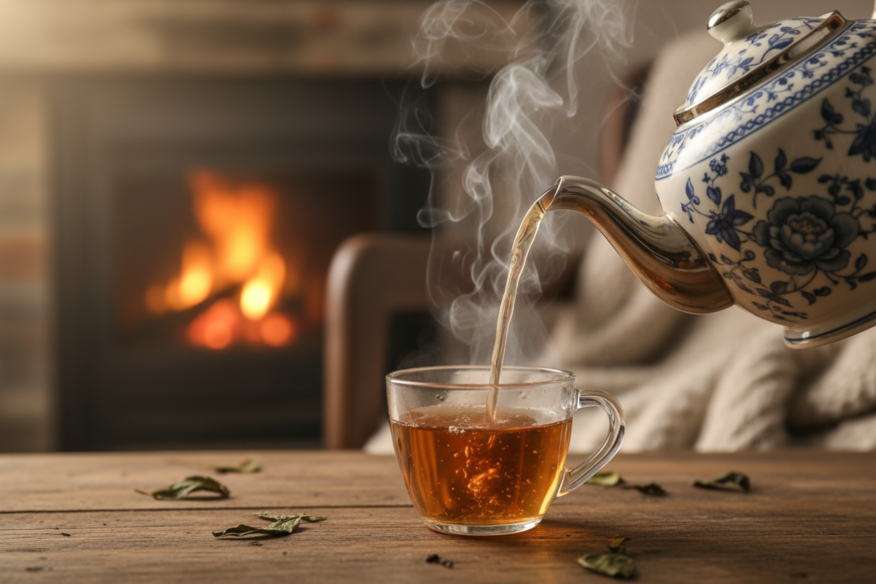 dampfende Tasse tee aus einer Kanne eingeshcenkt