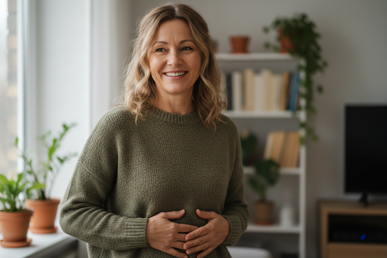 Frau im mittleren Alter lächelnd mit beiden Hönden auf dem Bauch 