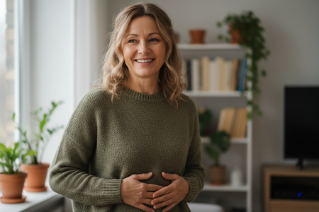 Frau im mittleren Alter lächelnd mit beiden Hönden auf dem Bauch 